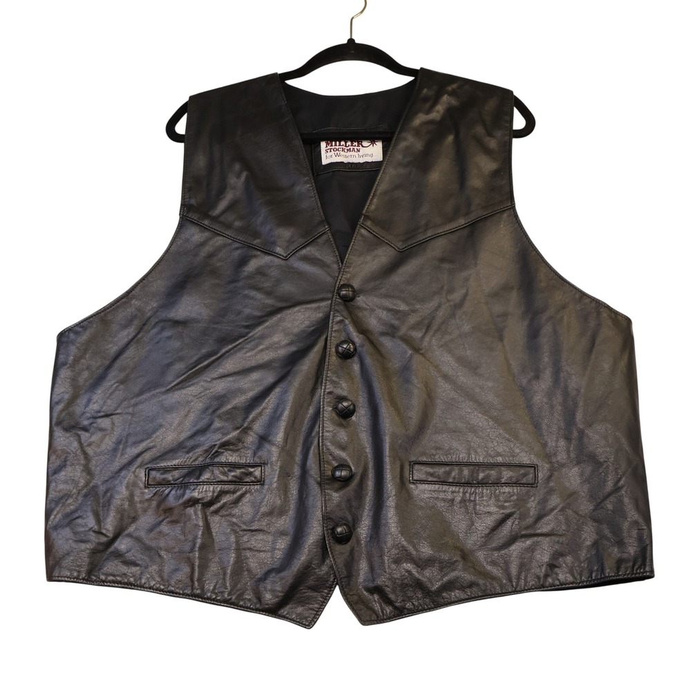 Miller Stockman Mens XXL Leather Vest Black Western Cowboy Braided Button Yoke